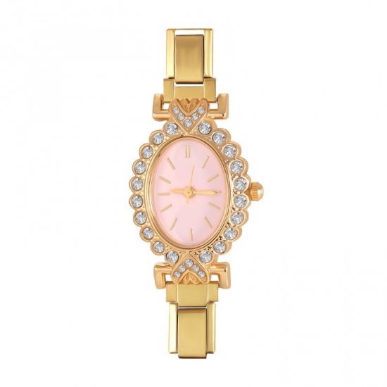 Picture of 1 Piece 304 Stainless Steel Exquisite Italian Charm Links Watch Face For DIY Jewelry Making, Oval Pink Clear Rhinestone Gold Plated - Wholesale, 5cm x 3.8cm