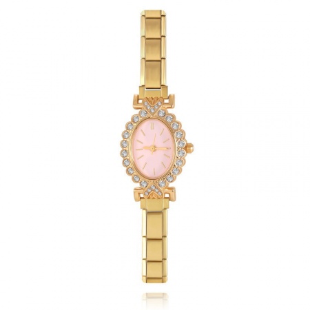 Picture of Wholesale Pink Clear Rhinestone 304 Stainless Steel Italian Charm Links Modular Wrist Watch, Gold Plated Eco-friendly, Women's Retro Stylish Gift Jewelry Supply, 18.5cm(7 2/8") long, 1 Piece
