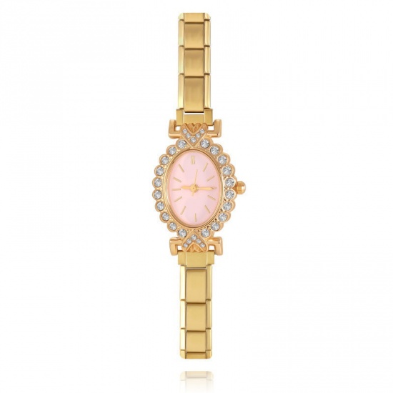 Picture of Wholesale Pink Clear Rhinestone 304 Stainless Steel Italian Charm Links Modular Wrist Watch, Gold Plated Eco-friendly, Women's Retro Stylish Gift Jewelry Supply, 18.5cm(7 2/8") long, 1 Piece