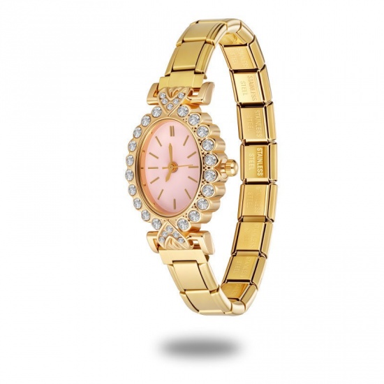 Picture of Wholesale Pink Clear Rhinestone 304 Stainless Steel Italian Charm Links Modular Wrist Watch, Gold Plated Eco-friendly, Women's Retro Stylish Gift Jewelry Supply, 18.5cm(7 2/8") long, 1 Piece