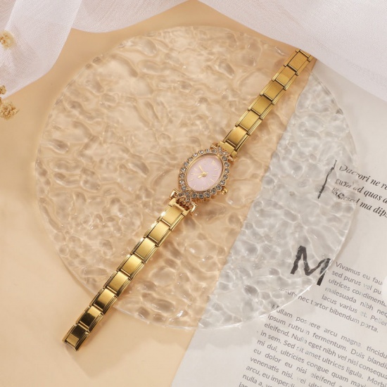 Picture of Wholesale Pink Clear Rhinestone 304 Stainless Steel Italian Charm Links Modular Wrist Watch, Gold Plated Eco-friendly, Women's Retro Stylish Gift Jewelry Supply, 18.5cm(7 2/8") long, 1 Piece