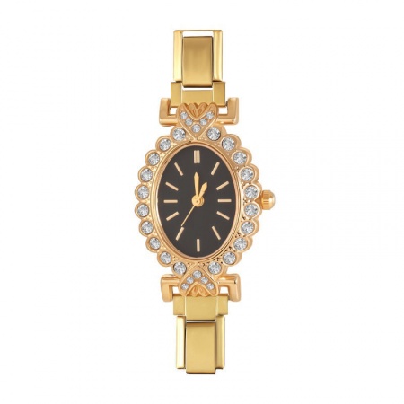 Picture of 1 Piece 304 Stainless Steel Exquisite Italian Charm Links Watch Face For DIY Jewelry Making, Oval Black Clear Rhinestone Gold Plated - Wholesale, 5cm x 3.8cm