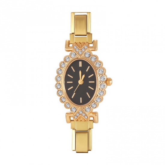 Picture of 1 Piece 304 Stainless Steel Exquisite Italian Charm Links Watch Face For DIY Jewelry Making, Oval Black Clear Rhinestone Gold Plated - Wholesale, 5cm x 3.8cm