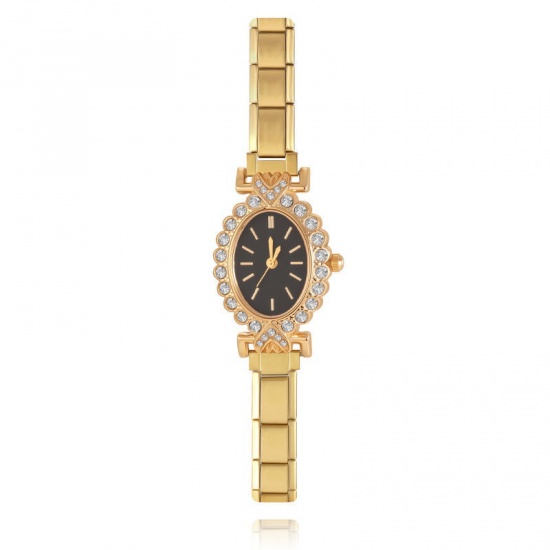 Picture of Wholesale Black Clear Rhinestone 304 Stainless Steel Italian Charm Links Modular Wrist Watch, Gold Plated Eco-friendly, Women's Retro Stylish Gift Jewelry Supply, 18.5cm(7 2/8") long, 1 Piece