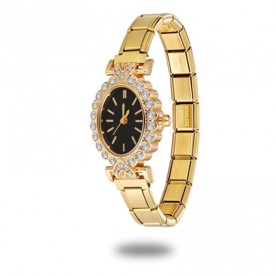 Picture of Wholesale Black Clear Rhinestone 304 Stainless Steel Italian Charm Links Modular Wrist Watch, Gold Plated Eco-friendly, Women's Retro Stylish Gift Jewelry Supply, 18.5cm(7 2/8") long, 1 Piece
