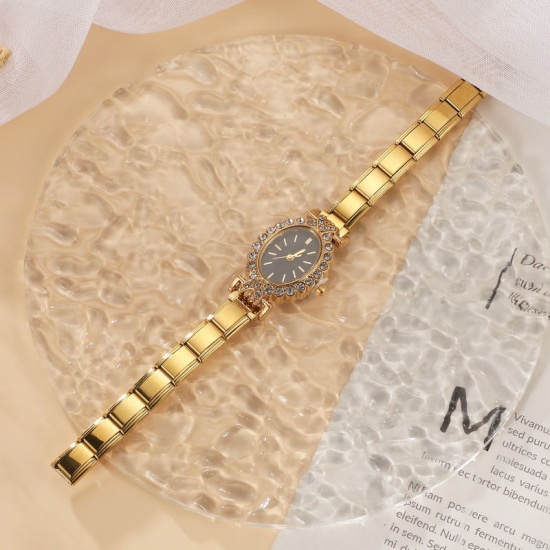 Picture of Wholesale Black Clear Rhinestone 304 Stainless Steel Italian Charm Links Modular Wrist Watch, Gold Plated Eco-friendly, Women's Retro Stylish Gift Jewelry Supply, 18.5cm(7 2/8") long, 1 Piece