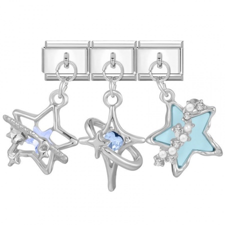 Picture of 1 Set ( 3 PCs/Set) 304 Stainless Steel Exquisite Italian Charm Links For DIY Modular Bracelet Watch Jewelry Making, With Zinc Alloy Pendant Star Blue Imitation Pearl Silver Tone - Wholesale, 10mm x 9mm
