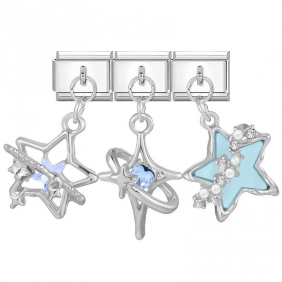 Picture of 1 Set ( 3 PCs/Set) 304 Stainless Steel Exquisite Italian Charm Links For DIY Modular Bracelet Watch Jewelry Making, With Zinc Alloy Pendant Star Blue Imitation Pearl Silver Tone - Wholesale, 10mm x 9mm