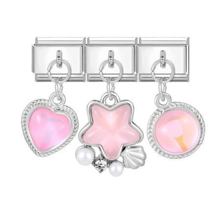 Picture of 1 Set ( 3 PCs/Set) 304 Stainless Steel Exquisite Italian Charm Links For DIY Modular Bracelet Watch Jewelry Making, With Zinc Alloy Pendant Star Pink Imitation Pearl Silver Tone - Wholesale, 10mm x 9mm