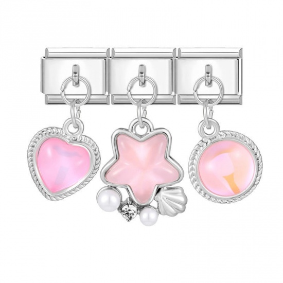 Picture of 1 Set ( 3 PCs/Set) 304 Stainless Steel Exquisite Italian Charm Links For DIY Modular Bracelet Watch Jewelry Making, With Zinc Alloy Pendant Star Pink Imitation Pearl Silver Tone - Wholesale, 10mm x 9mm