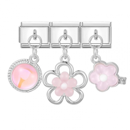 Picture of 1 Set ( 3 PCs/Set) 304 Stainless Steel Exquisite Italian Charm Links For DIY Modular Bracelet Watch Jewelry Making, With Zinc Alloy Pendant Flower Pink Silver Tone - Wholesale, 10mm x 9mm