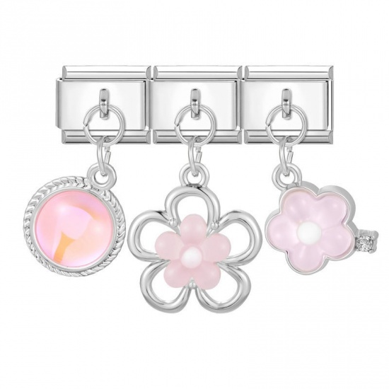 Picture of 1 Set ( 3 PCs/Set) 304 Stainless Steel Exquisite Italian Charm Links For DIY Modular Bracelet Watch Jewelry Making, With Zinc Alloy Pendant Flower Pink Silver Tone - Wholesale, 10mm x 9mm