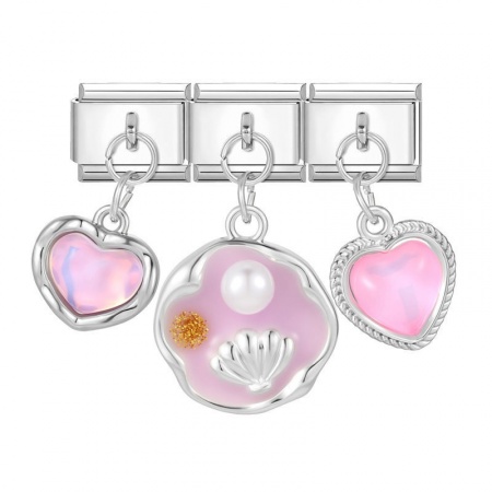 Picture of 1 Set ( 3 PCs/Set) 304 Stainless Steel Valentine's Day Italian Charm Links For DIY Modular Bracelet Watch Jewelry Making, With Zinc Alloy Pendant Heart Shell Pink Imitation Pearl Silver Tone - Wholesale, 10mm x 9mm
