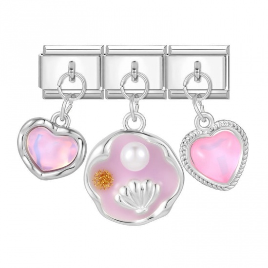 Picture of 1 Set ( 3 PCs/Set) 304 Stainless Steel Valentine's Day Italian Charm Links For DIY Modular Bracelet Watch Jewelry Making, With Zinc Alloy Pendant Heart Shell Pink Imitation Pearl Silver Tone - Wholesale, 10mm x 9mm
