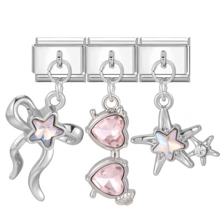 Picture of 1 Set ( 3 PCs/Set) 304 Stainless Steel Valentine's Day Italian Charm Links For DIY Modular Bracelet Watch Jewelry Making, With Zinc Alloy Pendant Heart Bowknot Pink Silver Tone - Wholesale, 10mm x 9mm