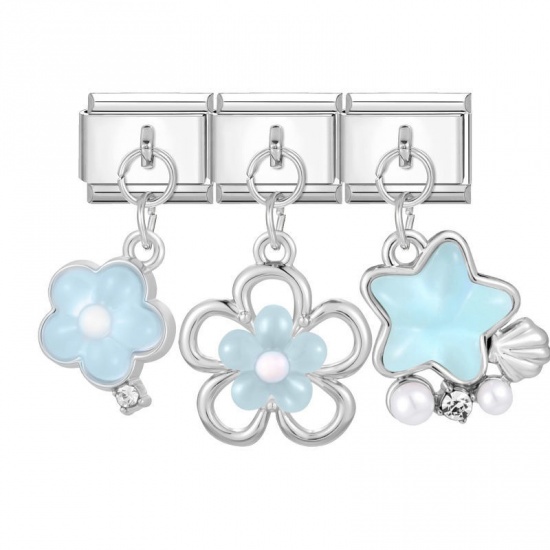 Picture of 1 Set ( 3 PCs/Set) 304 Stainless Steel Exquisite Italian Charm Links For DIY Modular Bracelet Watch Jewelry Making, With Zinc Alloy Pendant Flower Star Blue Imitation Pearl Silver Tone - Wholesale, 10mm x 9mm