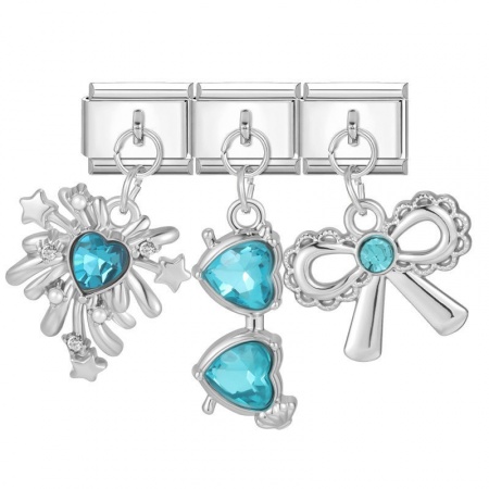 Picture of 1 Set ( 3 PCs/Set) 304 Stainless Steel Valentine's Day Italian Charm Links For DIY Modular Bracelet Watch Jewelry Making, With Zinc Alloy Pendant Heart Bowknot Green Blue Silver Tone - Wholesale, 10mm x 9mm