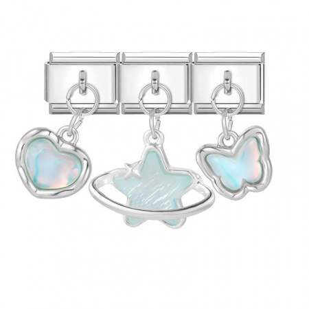 Picture of 1 Set ( 3 PCs/Set) 304 Stainless Steel Exquisite Italian Charm Links For DIY Modular Bracelet Watch Jewelry Making, With Zinc Alloy Pendant Star Butterfly Light Blue AB Rainbow Color Silver Tone - Wholesale, 10mm x 9mm