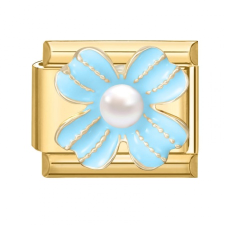 Picture of 1 Piece 304 Stainless Steel Exquisite Italian Charm Links For DIY Modular Bracelet Watch Jewelry Making, Rectangle Flower Blue Enamel Imitation Pearl Gold Plated - Wholesale, 10mm x 9mm