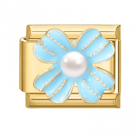 Picture of 1 Piece 304 Stainless Steel Exquisite Italian Charm Links For DIY Modular Bracelet Watch Jewelry Making, Rectangle Flower Blue Enamel Imitation Pearl Gold Plated - Wholesale, 10mm x 9mm