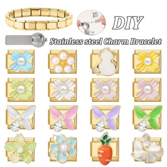Picture of 1 Piece 304 Stainless Steel Exquisite Italian Charm Links For DIY Modular Bracelet Watch Jewelry Making, Rectangle Flower Blue Enamel Imitation Pearl Gold Plated - Wholesale, 10mm x 9mm