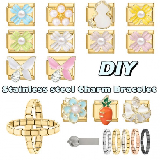 Picture of 1 Piece 304 Stainless Steel Exquisite Italian Charm Links For DIY Modular Bracelet Watch Jewelry Making, Rectangle Flower Blue Enamel Imitation Pearl Gold Plated - Wholesale, 10mm x 9mm