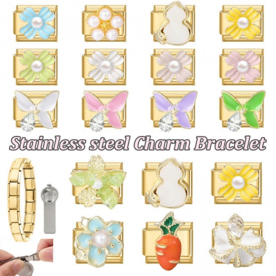 Picture of 1 Piece 304 Stainless Steel Exquisite Italian Charm Links For DIY Modular Bracelet Watch Jewelry Making, Rectangle Flower Blue Enamel Imitation Pearl Gold Plated - Wholesale, 10mm x 9mm