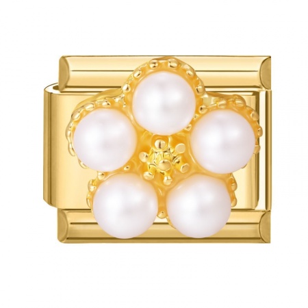 Picture of 1 Piece 304 Stainless Steel Exquisite Italian Charm Links For DIY Modular Bracelet Watch Jewelry Making, Rectangle Flower White Imitation Pearl Gold Plated - Wholesale, 10mm x 9mm