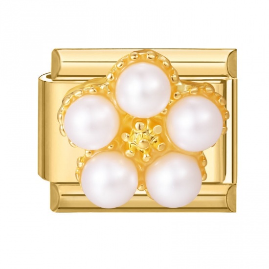Picture of 1 Piece 304 Stainless Steel Exquisite Italian Charm Links For DIY Modular Bracelet Watch Jewelry Making, Rectangle Flower White Imitation Pearl Gold Plated - Wholesale, 10mm x 9mm