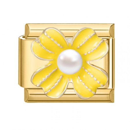 Picture of 1 Piece 304 Stainless Steel Exquisite Italian Charm Links For DIY Modular Bracelet Watch Jewelry Making, Rectangle Flower Yellow Enamel Imitation Pearl Gold Plated - Wholesale, 10mm x 9mm
