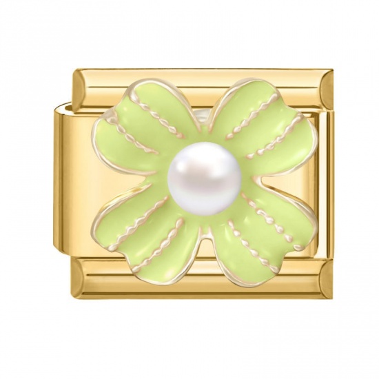 Picture of 1 Piece 304 Stainless Steel Exquisite Italian Charm Links For DIY Modular Bracelet Watch Jewelry Making, Rectangle Flower Green Enamel Imitation Pearl Gold Plated - Wholesale, 10mm x 9mm