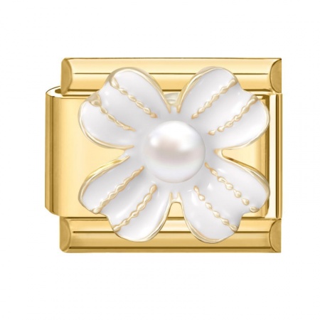Picture of 1 Piece 304 Stainless Steel Exquisite Italian Charm Links For DIY Modular Bracelet Watch Jewelry Making, Rectangle Flower White Enamel Imitation Pearl Gold Plated - Wholesale, 10mm x 9mm