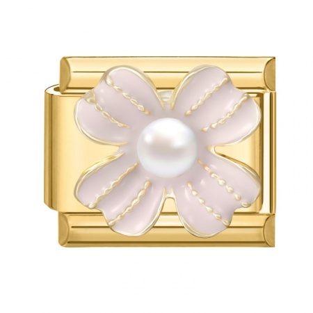 Picture of 1 Piece 304 Stainless Steel Exquisite Italian Charm Links For DIY Modular Bracelet Watch Jewelry Making, Rectangle Flower Peachy Beige Enamel Imitation Pearl Gold Plated - Wholesale, 10mm x 9mm