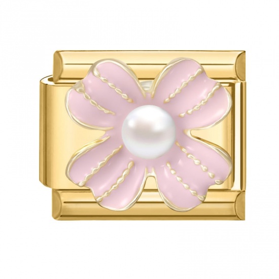Picture of 1 Piece 304 Stainless Steel Exquisite Italian Charm Links For DIY Modular Bracelet Watch Jewelry Making, Rectangle Flower Pink Enamel Imitation Pearl Gold Plated - Wholesale, 10mm x 9mm