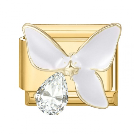 Picture of 1 Piece 304 Stainless Steel Exquisite Italian Charm Links For DIY Modular Bracelet Watch Jewelry Making, Rectangle Butterfly White Enamel Clear Rhinestone Gold Plated - Wholesale, 10mm x 9mm