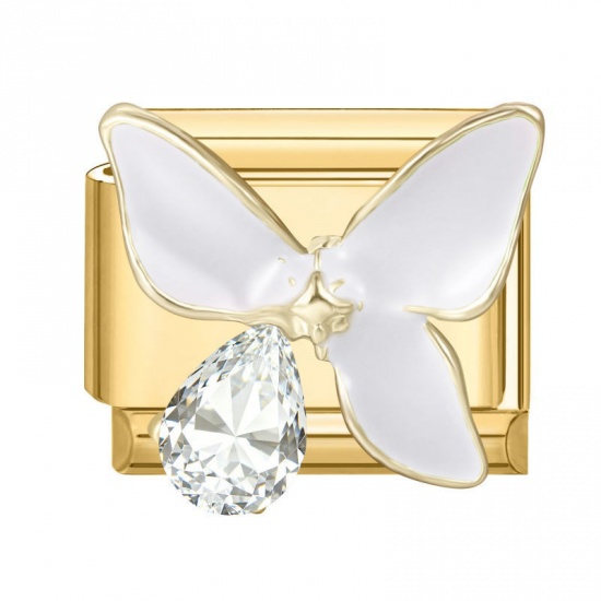Picture of 1 Piece 304 Stainless Steel Exquisite Italian Charm Links For DIY Modular Bracelet Watch Jewelry Making, Rectangle Butterfly White Enamel Clear Rhinestone Gold Plated - Wholesale, 10mm x 9mm