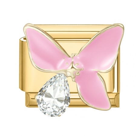 Picture of 1 Piece 304 Stainless Steel Exquisite Italian Charm Links For DIY Modular Bracelet Watch Jewelry Making, Rectangle Butterfly Pink Enamel Clear Rhinestone Gold Plated - Wholesale, 10mm x 9mm