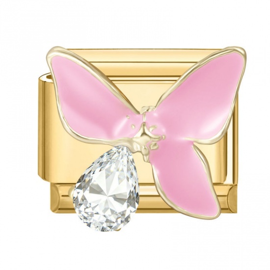 Picture of 1 Piece 304 Stainless Steel Exquisite Italian Charm Links For DIY Modular Bracelet Watch Jewelry Making, Rectangle Butterfly Pink Enamel Clear Rhinestone Gold Plated - Wholesale, 10mm x 9mm