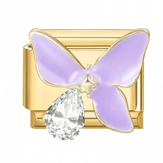 Picture of 1 Piece 304 Stainless Steel Exquisite Italian Charm Links For DIY Modular Bracelet Watch Jewelry Making, Rectangle Butterfly Purple Enamel Clear Rhinestone Gold Plated - Wholesale, 10mm x 9mm