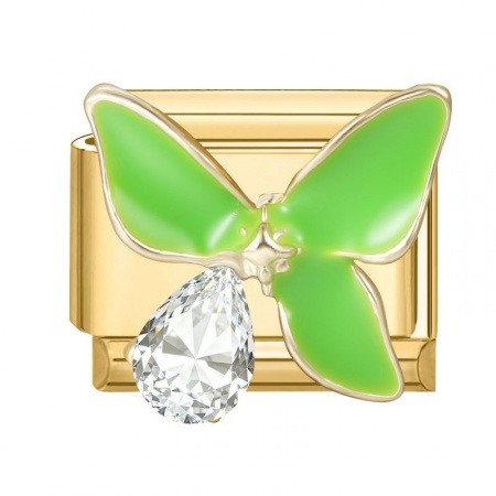 Picture of 1 Piece 304 Stainless Steel Exquisite Italian Charm Links For DIY Modular Bracelet Watch Jewelry Making, Rectangle Butterfly Green Enamel Clear Rhinestone Gold Plated - Wholesale, 10mm x 9mm