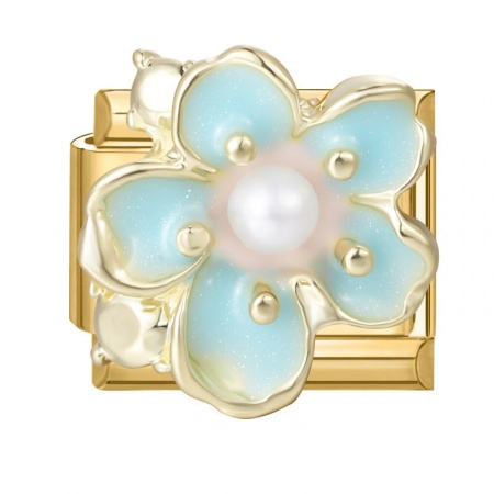 Picture of 1 Piece 304 Stainless Steel Exquisite Italian Charm Links For DIY Modular Bracelet Watch Jewelry Making, Rectangle Flower Blue Enamel Imitation Pearl Gold Plated - Wholesale, 10mm x 9mm