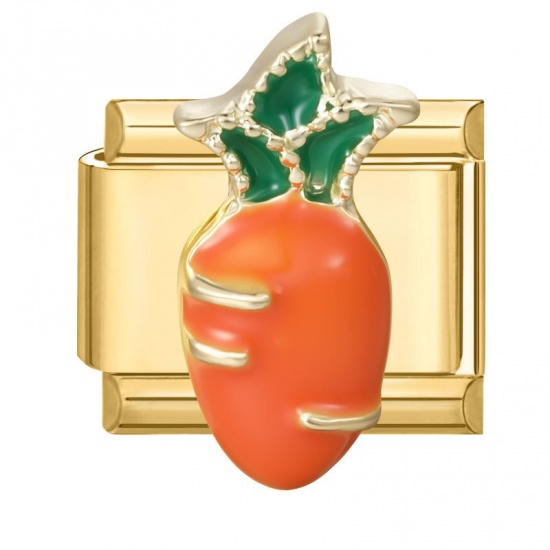 Picture of 1 Piece 304 Stainless Steel Exquisite Italian Charm Links For DIY Modular Bracelet Watch Jewelry Making, Rectangle Radish Orange Enamel Gold Plated - Wholesale, 10mm x 9mm