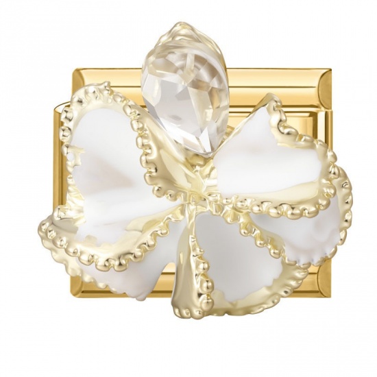 Picture of 1 Piece 304 Stainless Steel Exquisite Italian Charm Links For DIY Modular Bracelet Watch Jewelry Making, Rectangle Flower White Enamel Clear Rhinestone Gold Plated - Wholesale, 10mm x 9mm