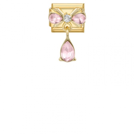 Picture of 1 Piece 304 Stainless Steel Exquisite Italian Charm Links For DIY Modular Bracelet Watch Jewelry Making, Rectangle Bowknot Pink Rhinestone Gold Plated - Wholesale, 10mm x 9mm