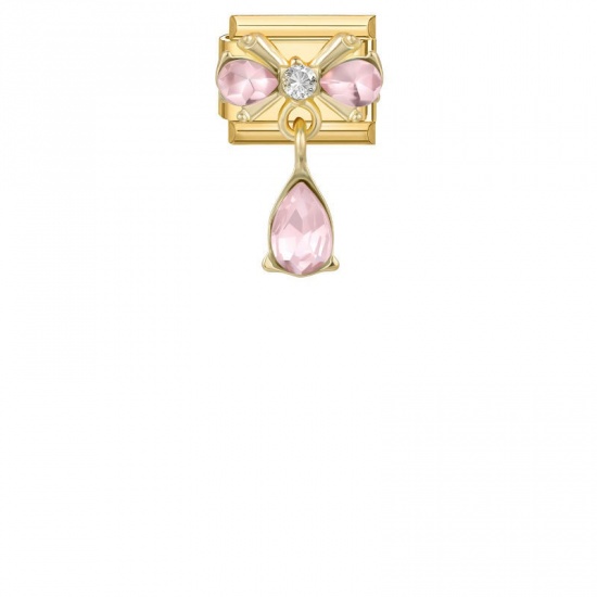 Picture of 1 Piece 304 Stainless Steel Exquisite Italian Charm Links For DIY Modular Bracelet Watch Jewelry Making, Rectangle Bowknot Pink Rhinestone Gold Plated - Wholesale, 10mm x 9mm
