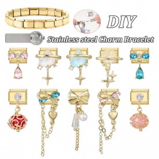 Picture of 1 Piece 304 Stainless Steel Exquisite Italian Charm Links For DIY Modular Bracelet Watch Jewelry Making, Rectangle Bowknot Pink Rhinestone Gold Plated - Wholesale, 10mm x 9mm