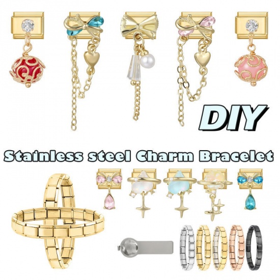 Picture of 1 Piece 304 Stainless Steel Exquisite Italian Charm Links For DIY Modular Bracelet Watch Jewelry Making, Rectangle Bowknot Pink Rhinestone Gold Plated - Wholesale, 10mm x 9mm