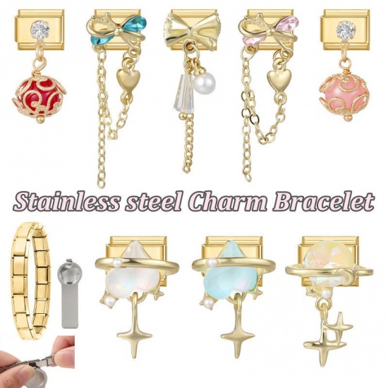 Picture of 1 Piece 304 Stainless Steel Exquisite Italian Charm Links For DIY Modular Bracelet Watch Jewelry Making, Rectangle Bowknot Pink Rhinestone Gold Plated - Wholesale, 10mm x 9mm