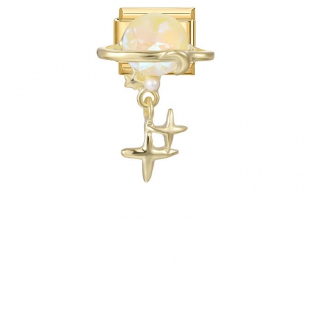 Picture of 1 Piece 304 Stainless Steel Valentine's Day Italian Charm Links For DIY Modular Bracelet Watch Jewelry Making, Rectangle Universe Planet Light Yellow Rhinestone Gold Plated - Wholesale, 10mm x 9mm