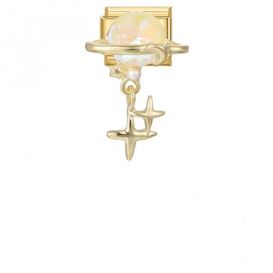 Picture of 1 Piece 304 Stainless Steel Valentine's Day Italian Charm Links For DIY Modular Bracelet Watch Jewelry Making, Rectangle Universe Planet Light Yellow Rhinestone Gold Plated - Wholesale, 10mm x 9mm